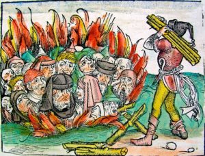 Des médecins juifs brûlés vifs pendant la peste noire. Détail d'une gravure illustrant "L'histoire du monde" par le médecin allemand Hartmann Schedel en 1493